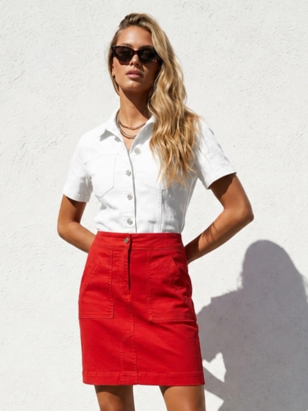 ETCETERA Pencil Skirt Red Pockets Topstitching Straight Knee Length Sz 0